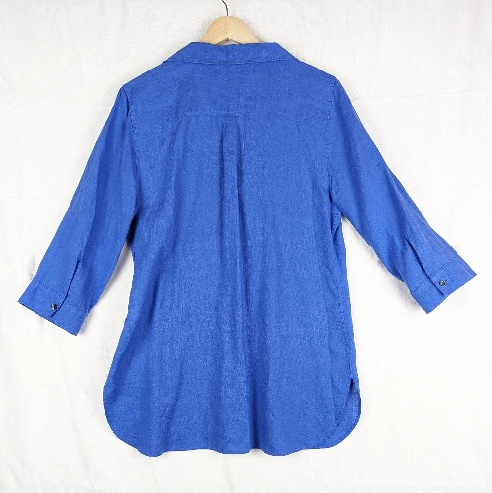 Chico's Linen Tunic Blouse‎ Top 1 8 Medium Blue 3/4 Length Sleeve Natural